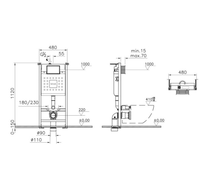 Інсталяція VitrA V-Fix Core з клавішею Root Square Flush Plates чорний мат і унітаз Integra Square Rim - Ex