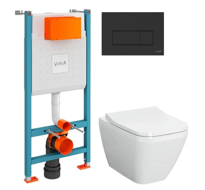 Інсталяція VitrA V-Fix Core з клавішею Root Square Flush Plates чорний мат і унітаз Integra Square Rim - Ex
