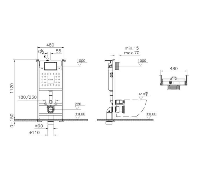Інсталяція VitrA V-Fix Core з клавішею Root Square Flush Plates чорний мат і унітаз Integra Square Rim - Ex